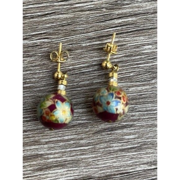 Vintage Cloisonne Earrings Carnelian Earrings Enamel Red White Round Dangle 1” - Picture 3 of 12